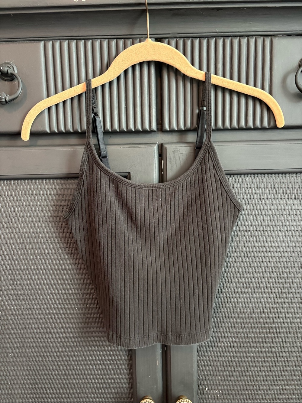 Black Ribbed Spaghetti Strap Tank Top - built in shelf cropped top